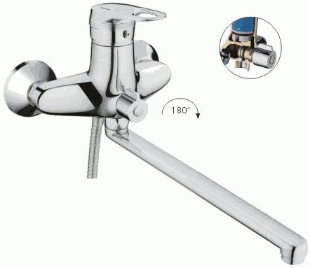 Смеситель Ledeme Н56 настенный, для ванны и душа, поворотный излив, с душевой лейкой, хром L2256