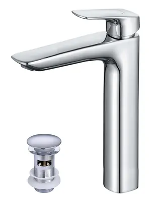 Смеситель для раковины Aquatek AQ1005CR однозахв., высокий излив 227мм, с донным клапаном, хром