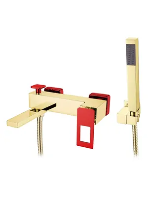 Смеситель Boheme 143-GR для ванны/душа, настенный, однозахв, с ручным душем, золото+красный