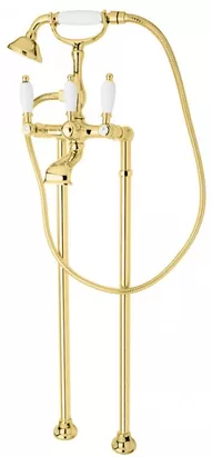 Смеситель CEZARES VDP-03/24-Bi для ванны, напольный, ручной душ, золото 24кар/ручки белые