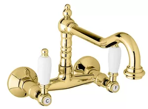 Смеситель CEZARES LLP-03/24-Bi для кухни, настенный, двухзахватный, золото 24кар/ручки белые