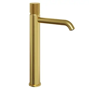 Смеситель для раковины Paini Grip однозахватный, высокий излив, без д/к, золото браш. 7GPJ205OLL