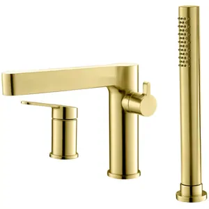 Смеситель на борт ванны BelBagno DEL-BVD3-BORO с выдвижным ручным душем, брашированное золото