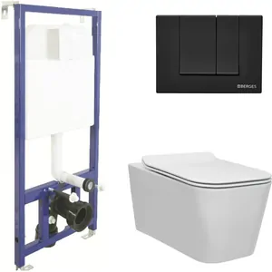 BERGES комплект инсталляции с клавишей смыва S5 SoftTouch черной, унитаз FLOE Rimless, 4в1 043230
