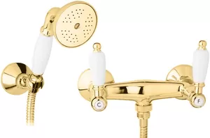 Смеситель CEZARES D-03/24-Bi для душа, шланг 150см,лейка,держатель, золото 24кар/ручки белые