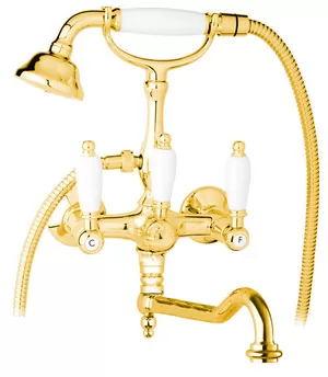 Смеситель CEZARES VDF-03/24-Bi для ванны, поворотный излив, ручной душ, золото/ручки белые