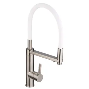 Смеситель для кухни Swedbe 8641 гибкий излив, канал для фильтр. воды, нерж.сталь/белый