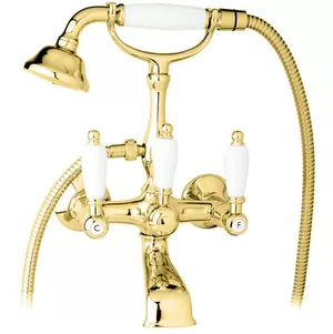 Смеситель CEZARES VD-03/24-Bi для ванны, излив 150мм, с ручным душем, золото 24кар/ручки белые