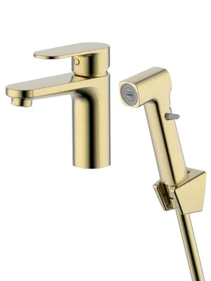 Смеситель для раковины Aquatek AQ1812BG с гиг. душем, однозахватный, излив 87мм, золото шлиф