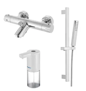 Смеситель для ванны Swedbe 9061 термостат+Душ.комплект Calypso 5086 1 реж.+Сенс.дозатор 0102