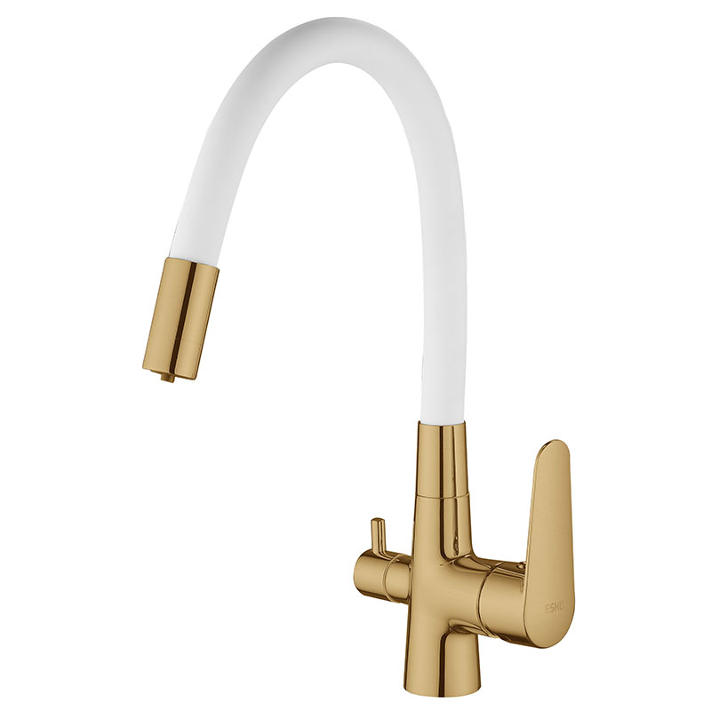 Смеситель для кухни ESKO CL03GW однозахв., гибкий излив, канал для фильтр. воды, золото/белый