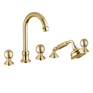 Смеситель CEZARES -BVD-03/24-M на борт ванны, 5 отверстий, выдвижной душ, золото/ручки металл