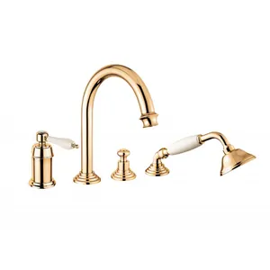 Смеситель CEZARES -BVDM-03/24-Bi на борт ванны (4 отв.), выдвижной душ, золото/ручка белая