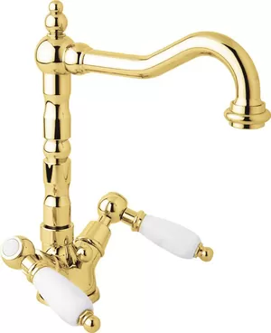 Смеситель CEZARES LS2-03/24-Bi для раковины, с донным клапаном,излив 180мм, золото/ручки белые