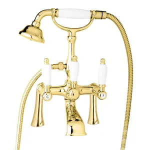Смеситель CEZARES PBV-03/24-Bi на борт ванны, 2 отверстия, с ручным душем, золото/ручки белые