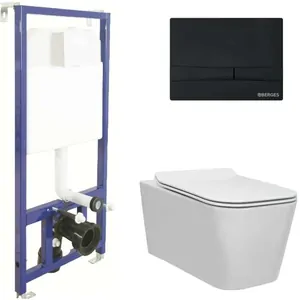 BERGES комплект инсталляции с клавишей смыва F5 SoftTouch черной, унитаз FLOE Rimless, 4в1 043224