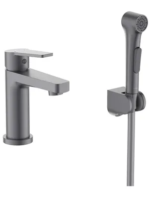 Смеситель д/раковины Aquatek AQ1712BGM с гиг. душем, однозахватный, излив 107мм, сталь оруж