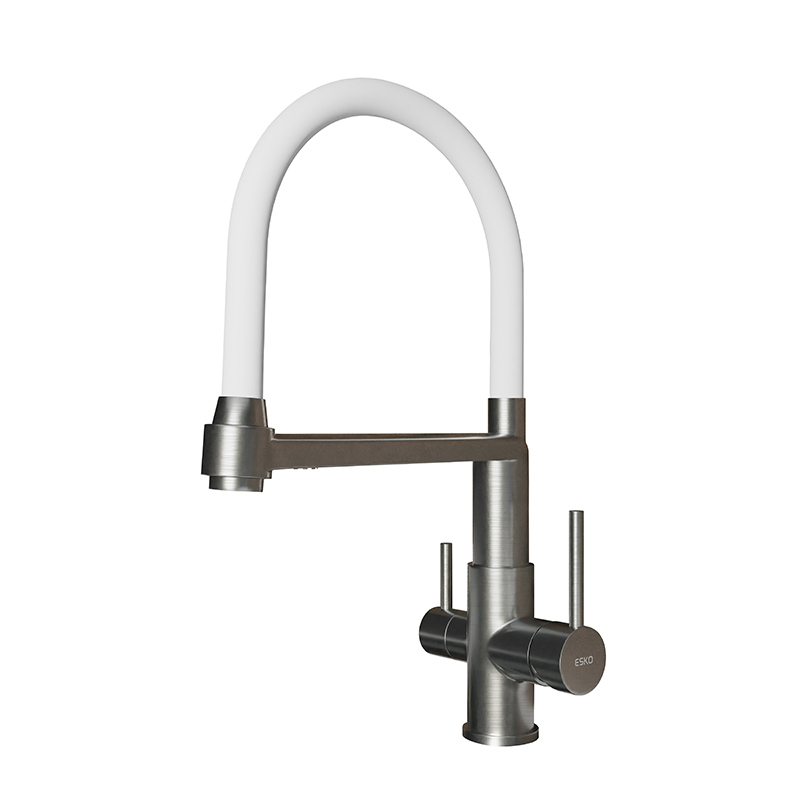 Смеситель для кухни ESKO K26 W однозахватный, гибкий излив, канал для фильтр. воды, белый/нерж.сталь