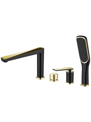 Смеситель Boheme 380-B на борт ванны, с душевым гарнитуром, однозахватный, чёрный+золото