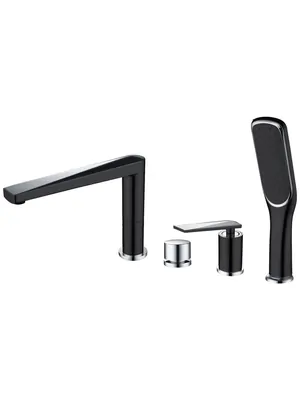 Смеситель Boheme 370-B на борт ванны, с душевым гарнитуром, однозахватный, чёрный+хром