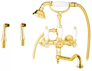 Смеситель CEZARES PBV2-03/24-Bi на борт ванны, 2 отверстия, поворотн.излив, золото/ручки белые