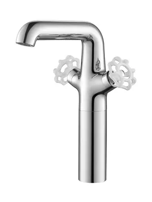 Смеситель Zeegres 19094001 для раковины, двухзахватный, высокий излив, белые ручки (19094001+95701010*2)