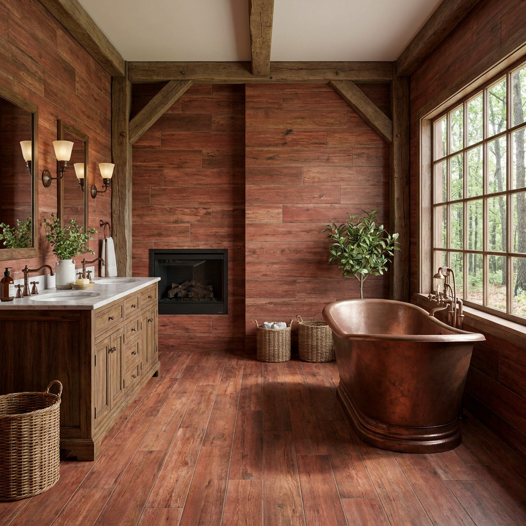 Плитка в ванной под красное дерево Плитка в ванной под красное дерево