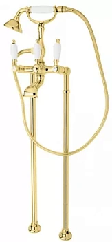 Смеситель CEZARES VDP-03/24-Bi для ванны, напольный, ручной душ, золото 24кар/ручки белые