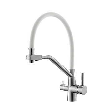 Смеситель для кухни ESKO K25 W однозахватный, гибкий излив, канал для фильтр.воды, белый/нерж.сталь