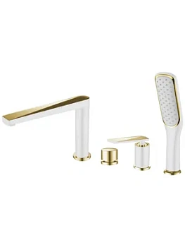 Смеситель Boheme 380-W на борт ванны, с душевым гарнитуром, однозахватный, белый+золото