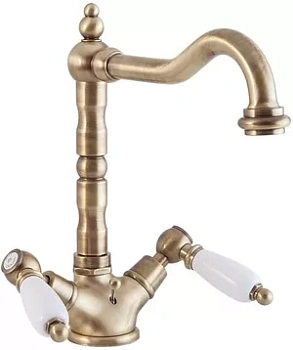 Смеситель CEZARES LS2-02-Bi для раковины, с донным клапаном, излив 180мм, бронза/ручки белые