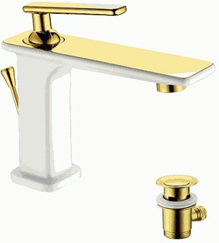 Смеситель для раковины Lemark LM6406WG с донным клапаном, белый/золото