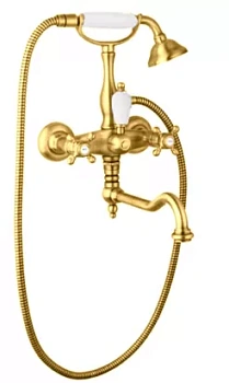 Смеситель CEZARES -VDF-03/24-Bi для ванны, двухзахватный, ручной душ, золото/ручки белые