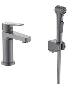 Смеситель д/раковины Aquatek AQ1712BGM с гиг. душем, однозахватный, излив 107мм, сталь оруж