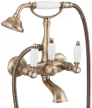 Смеситель CEZARES VD-02-Bi для ванны, излив 150мм, с ручным душем, бронза/ручки белые