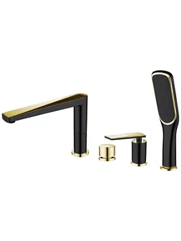 Смеситель Boheme 380-B на борт ванны, с душевым гарнитуром, однозахватный, чёрный+золото