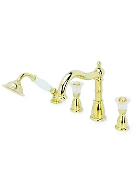 Смеситель Boheme Camelia на борт ванны, с душевым гарнитуром, двухзахватный, золото 395-Camelia