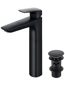 Смеситель для раковины Aquatek AQ1005MB однозахв., выс. излив 227мм, с дон. клап., черный мат